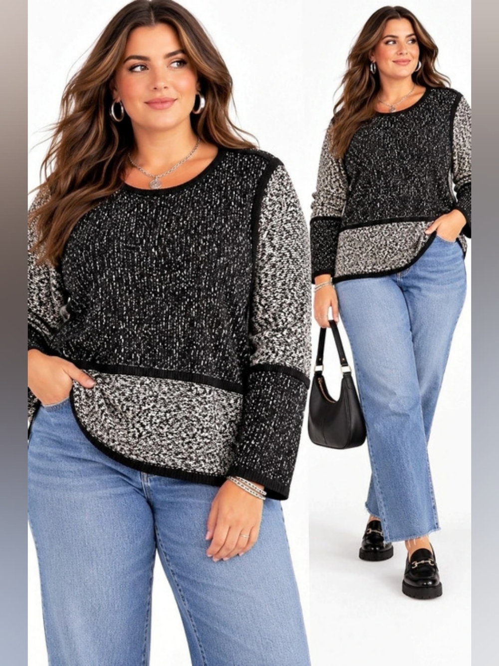 Calvin Klein Cotton Blend Black White Marled Colorblock Knit Sweater